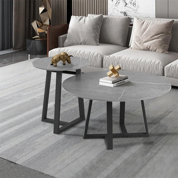 Round Modern Marble Nesting Coffee Set of 2, Stacking Living Room Accent Tables Furniture Sintered Stone Tabletop End Table