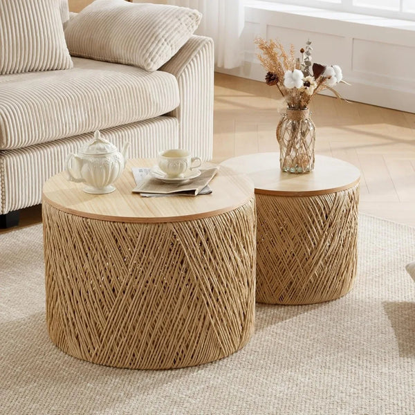 24" Round Wood Nesting Coffee Table Set of 2 Handcraft Woven & Rope Rattan Sofa Tables Both with Storage Drum End Side Table fo