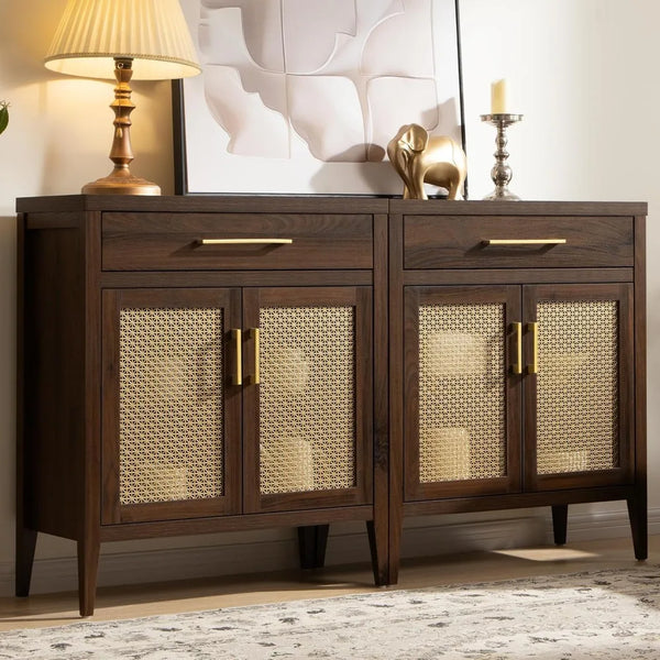 Sideboard Buffet Cabinet Set of 2, Wooden Credenza Storage Cabinet with Drawers and Metal Mesh Doors, Mid Century Modern Consol