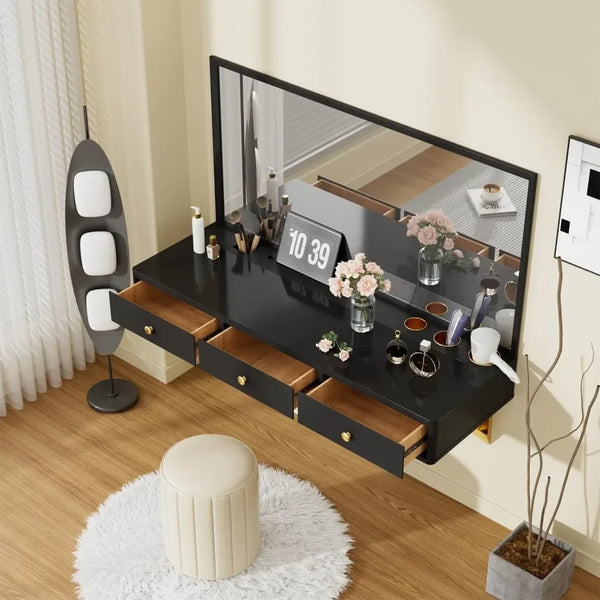 Floating Vanity Desk with Flip-top Mirror, Modern Wall-Mounted Vanity Table with 3 Storage Drawers and Compartments