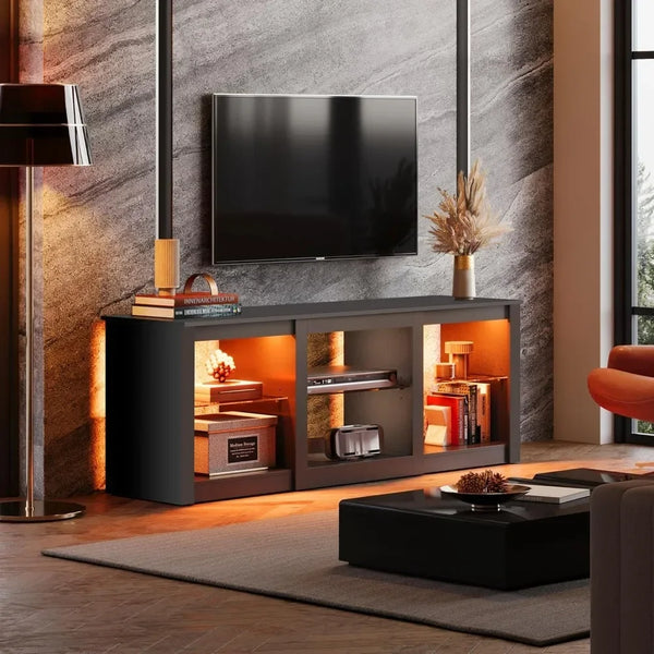 LED TV Stand for 65-Inch TV, 58-Inch Entertainment Center with Adjustable Glass Shelves, Modern Media Console for Living