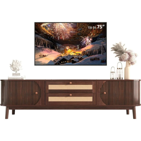 Modern Fluted TV Stand for 75" TVs – Mid-Century Entertainment Center with Tambour Door & Rattan-Fronted Media Console