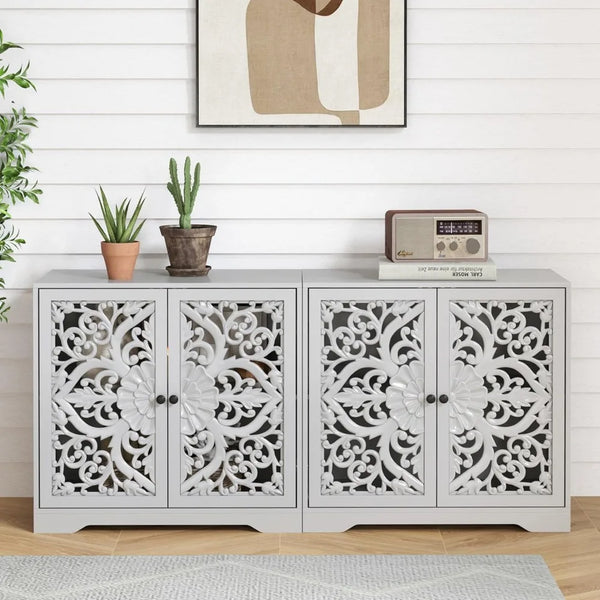 63" Sideboard Buffet Cabinet Set of 2, Wooden Carved Storage Cabinet with Hollow Carved Pattern Doors and Adjustable Shelves, Ac