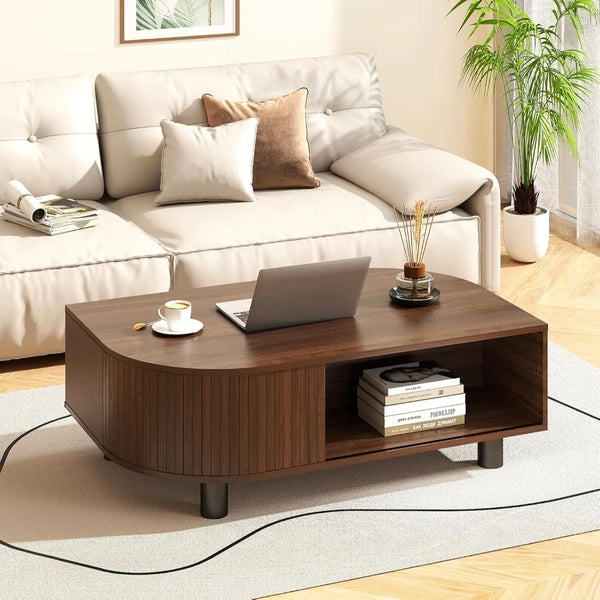 Mid-Century Modern Coffee Table - Walnut Coffee Table with Curved Sliding Fluted Door - Rustic Center Table for Living Ro
