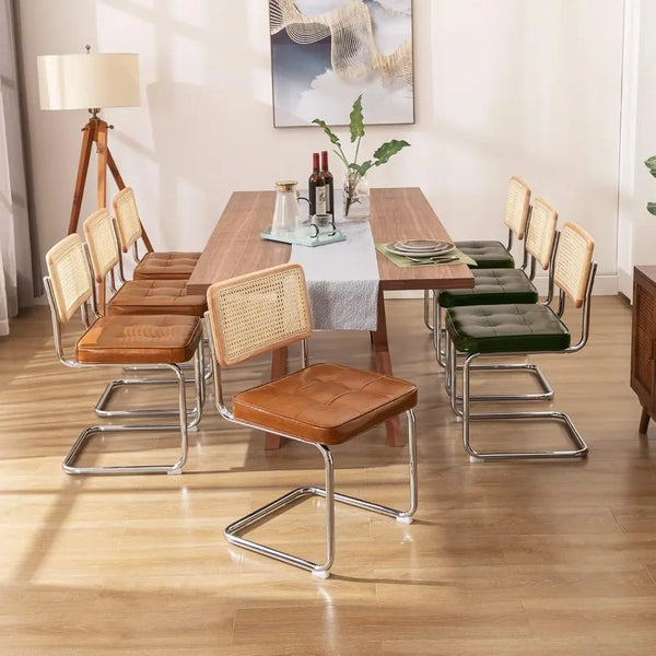Mid-Century Modern Dining Chairs 4 Pcs Accent Rattan Kitchen Chairs Armless Mesh Cane Upholstered Leather with Metal Chrome Legs