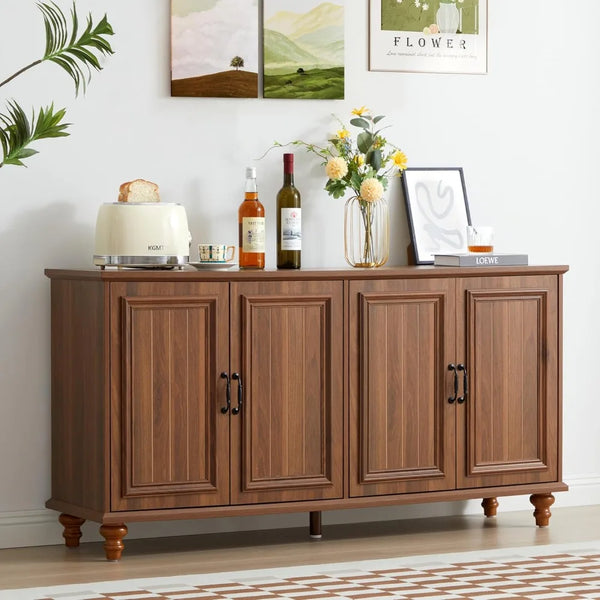 Buffet Cabinet with Storage, 59" Large Sideboard Buffet with 4 Doors and Adjustable Shelves Wood Rectangular Coffee Bar Cabinet