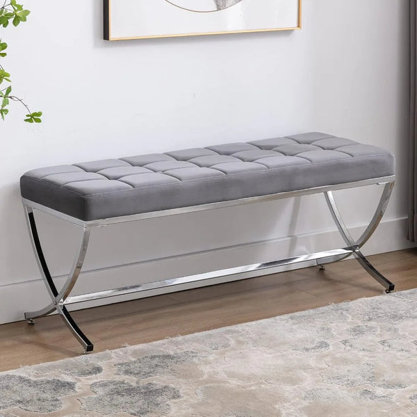 Modern Tufted Ottoman Bench, Velvet Upholstered Dining Bench, Button Tufted Footrest Stool Vanity Seat with with X Metal Legs