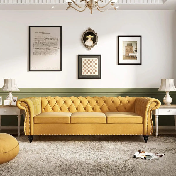 3 Seater Couch, Large Sofa Furniture, Roll Arm Classic Tufted Chesterfield Settee Velvet Sofa with Channel Tufted Seat Back