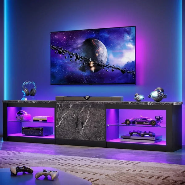 80 Inch TV Stand for 75/85/86 inch TVs, LED Gaming Entertainment Center for PS5 with Storage Cabinet &Adjustable Glass Shelves