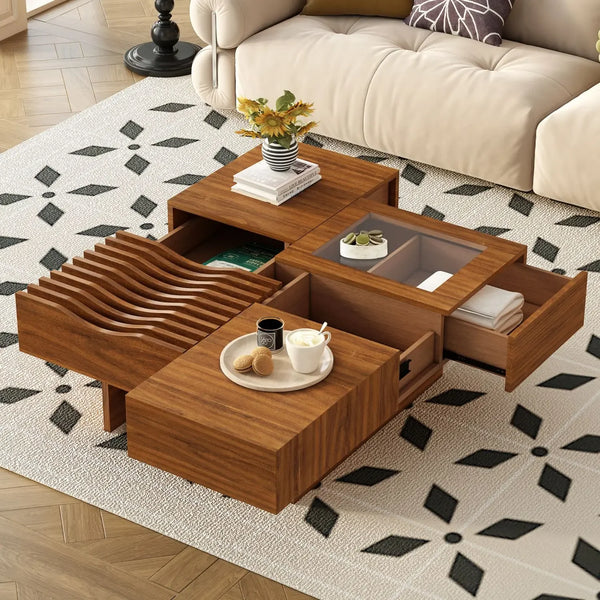 33''Mid Century Modern Coffee Table,Unique Square Wooden Coffee Table 3 Drawers,Tempered Glass and Solid Wood Legs Coffee Table