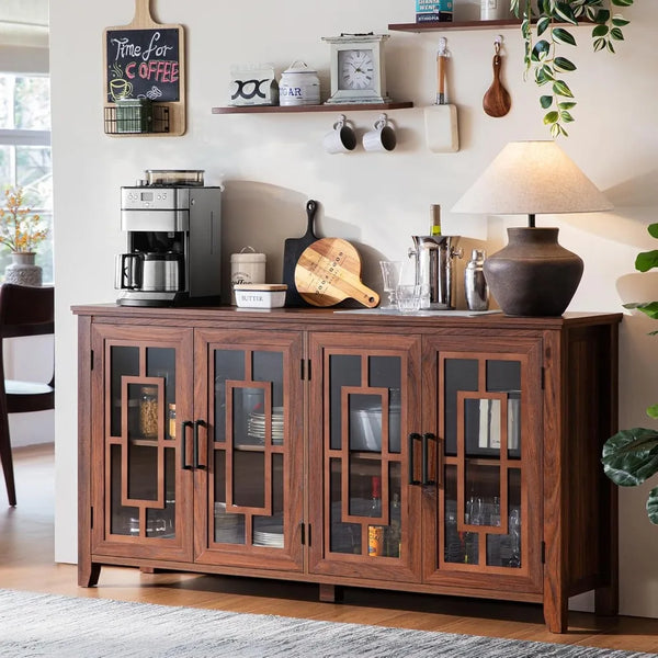 Large Sideboard Buffet Cabinet – 63" Farmhouse Brown Kitchen Storage with 4 Glass Doors, Wood Wine Bar Cabinet