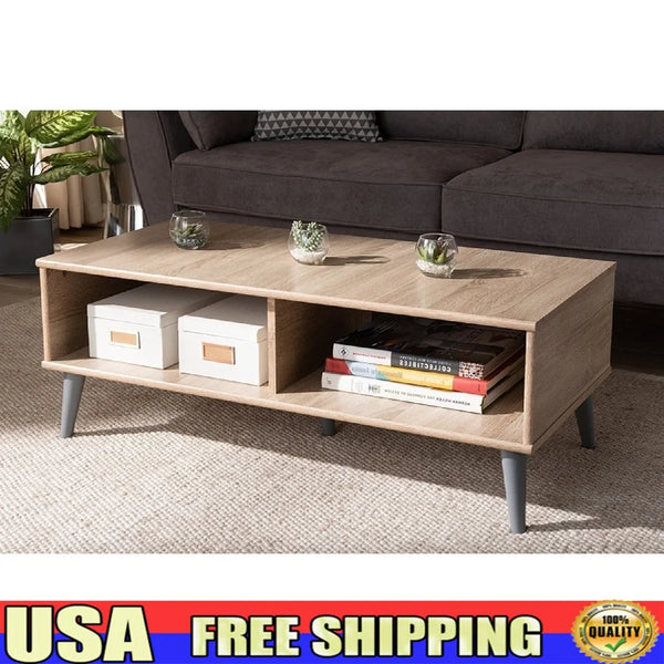 Mid-Century Modern Coffee Table Oak Grey Finished Wood Two Open Shelf Storage Tapered Legs Minimalist Indoor Living Room