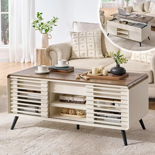 48" Lift Top Coffee Table with Slatted Sliding Door, Mid Century Modern Center Table with Hidden Storage Compartment