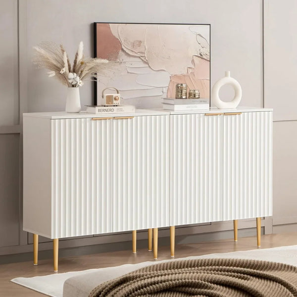 Fluted White Storage Cabinet Set of 2, Wooden Sideboard Buffet Cabinet with Spray-Painted Finish, Console Table with Storage Cr