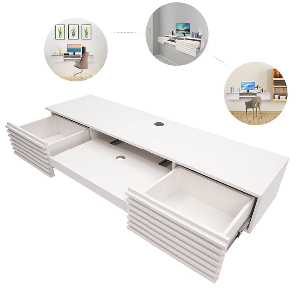 Wall-Mounted Floating Desk for Office and Home, Space-Saving Design with Cable Hole and Storage