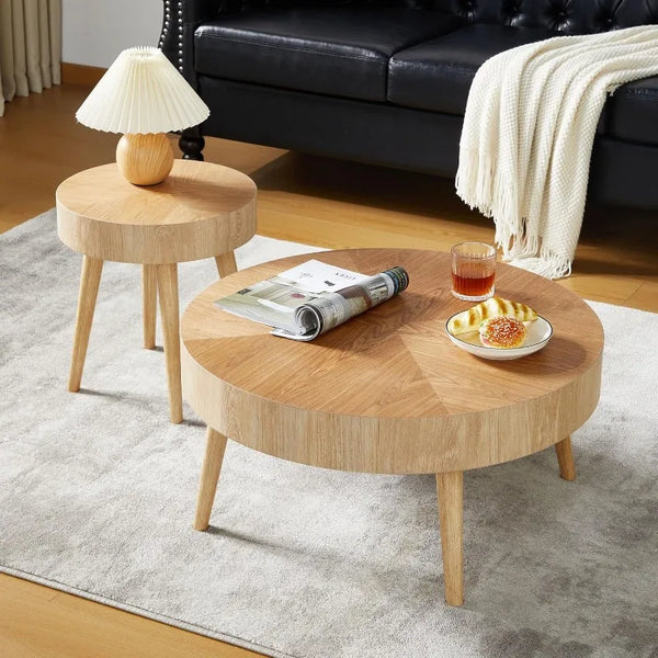 AVZEAR Nesting Round Coffee Table Set of 2, Farmhouse Modern Coffee Table, Natural Wood Nesting Tables Boho Side Table
