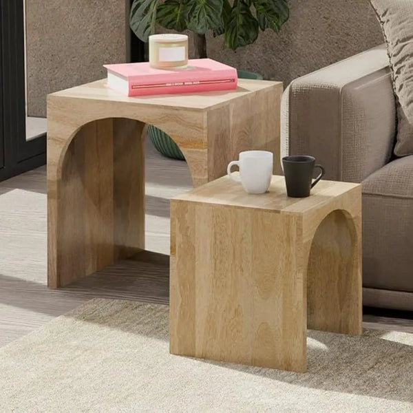 Arch Duo Solid Mango Wood Nesting Tables for Living Room Set of 2 | Stylish Sustainable Design Nesting Side Tables | Unique Arch