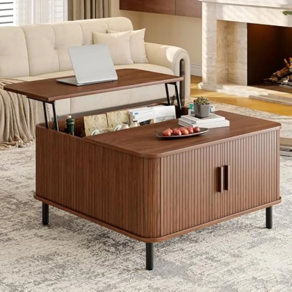 Lift Top Coffee Table, Wood Square Coffee Table with Large Hidden Compartment & Adjustable Footpads, Mid-Century Modern Lift Tab