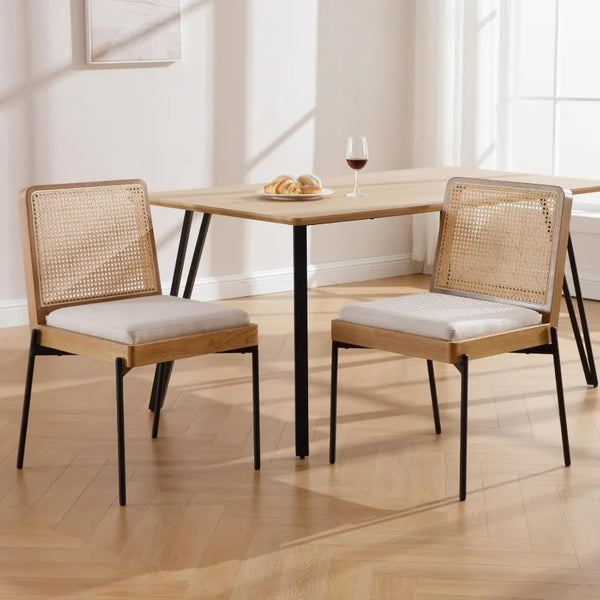 Mid-Century Dining Chairs Set of 2, Accent Linen Fabric Side Chairs with Rattan Backrest Metal Legs Kitchen Chairs