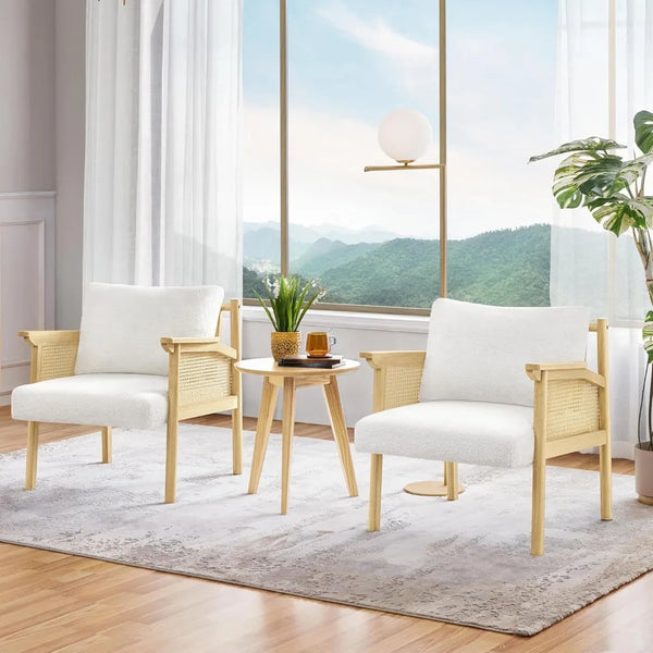 Accent Chair, Boucle Vanity Chair with Rattan Back Arms, Mid Century Chair Upholstered Living Room Chair