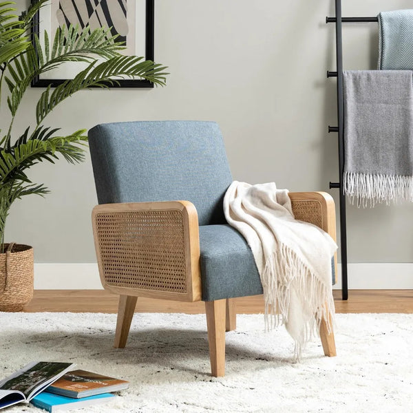 Accent Chair, Mid Century Modern Armchair with Rattan Armrest and Wood Legs, Upholstered Living Room Chair Comfy Lounge Chair