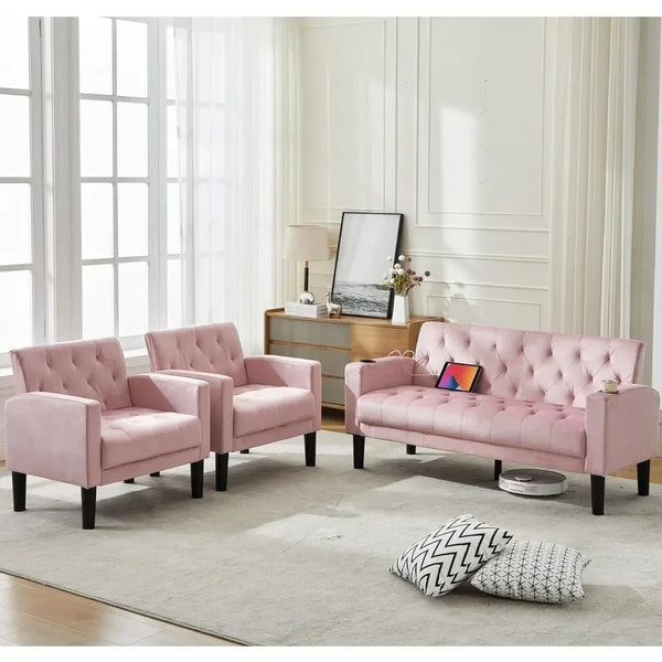 Mid-Century Modern Tufted Pink Velvet Loveseat Sofa Set w/ 2 USB & 2 Cupholders, 3 Piece Living Room Furniture Sets, Sm