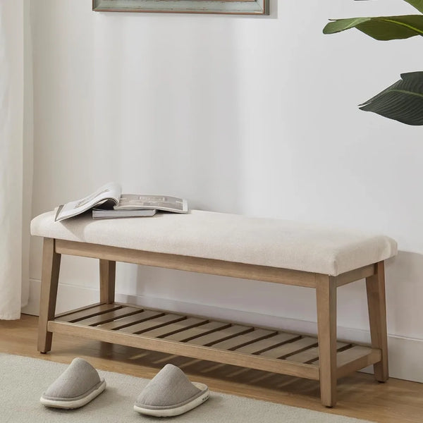 Entryway Bench, Chenille Upholstered Shoe Benches for Bedroom, Ottoman Bench with Solid Wood Shelf, Storage Benches for Hallway,
