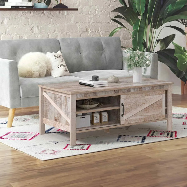 Modern Coffee Table with Sliding Barn Door Farmhouse Center Cocktail Table